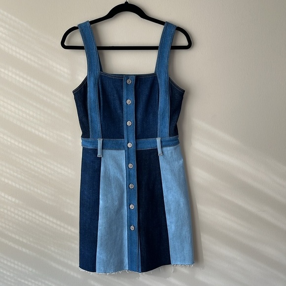 7 For All Mankind Patchwork A Line Button Front Mini Dress In Patchwork Found - Picture 4 of 9